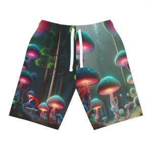 Trippy Forest Shorts: Neon Mushroom Blacklight UV Art