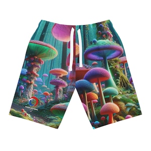 Neon Mushroom Forest Shorts: UV Blacklight Reactive Trippy Art