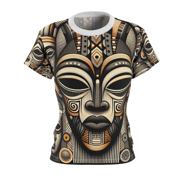 Elegant African Heritage Women's T-Shirt with Vibrant Mask Tapestry & Modern Design Touches - African Tribal Pattern-Inspired