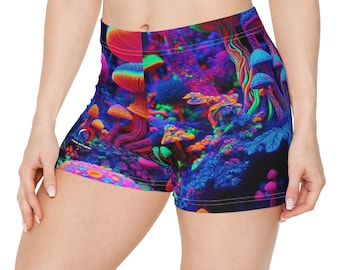 UV Blacklight Trippy Forest Women&#39;s Shorts - Neon Psychedelic Mushroom & Foliage Detail - Women&#39;s Blacklight Reactive Shorts