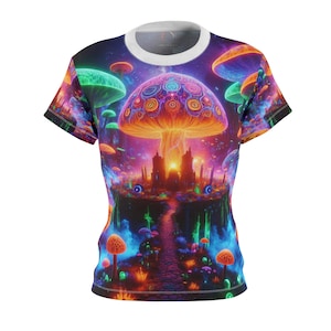Psychedelic Dreamscape Women&#39;s T-shirt: Blacklight-Activated Neon Realm of Majestic Mushrooms & Cosmic Skies - Women&#39;s Blacklight Tee