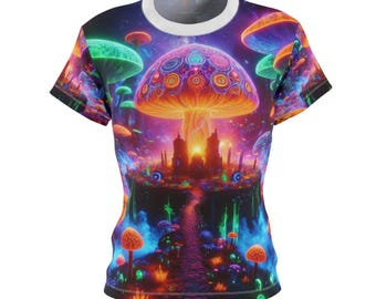 Psychedelic Dreamscape Women&#39;s T-shirt: Blacklight-Activated Neon Realm of Majestic Mushrooms & Cosmic Skies - Women&#39;s Blacklight Tee
