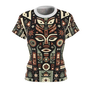 African Tribal-Southwestern Fusion Women&#39;s T-Shirt: Totemic Art, Geometric Fauna & Flora - African Tribal Pattern-Inspired