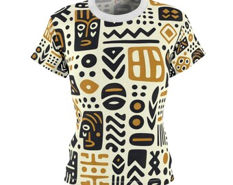 Camiseta de mujer inspirada en tela africana de barro - Estampado de bloques con patrón abstracto de símbolos tribales