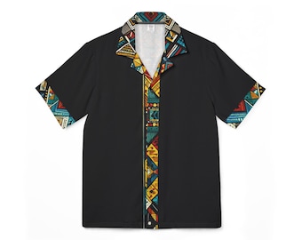 May include: Black short-sleeved shirt with a colorful geometric pattern on the collar, placket, and sleeve cuffs. The pattern includes triangles, rectangles, and other shapes in shades of blue, yellow, red, and white. The shirt has a button-down front.