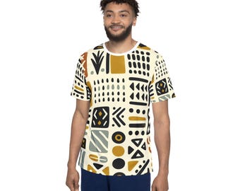África desatada: camiseta artesanal con estampado en bloque: fusión inspirada en tela de barro en ocre, carbón y terracota