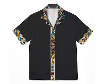 May include: Black short-sleeve shirt with a colorful geometric pattern on the collar, placket, and sleeve cuffs. The shirt features a classic collar and a button-down front. The geometric design includes triangles and other shapes in shades of yellow, red, blue, and white.