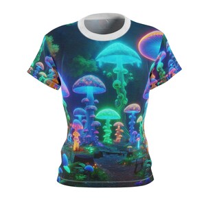 Enchanted Reality Forest Art T-shirt: Psychedelic Neon Mushrooms & Vivid Dreamland Wilderness - Women&#39;s Trippy Tee