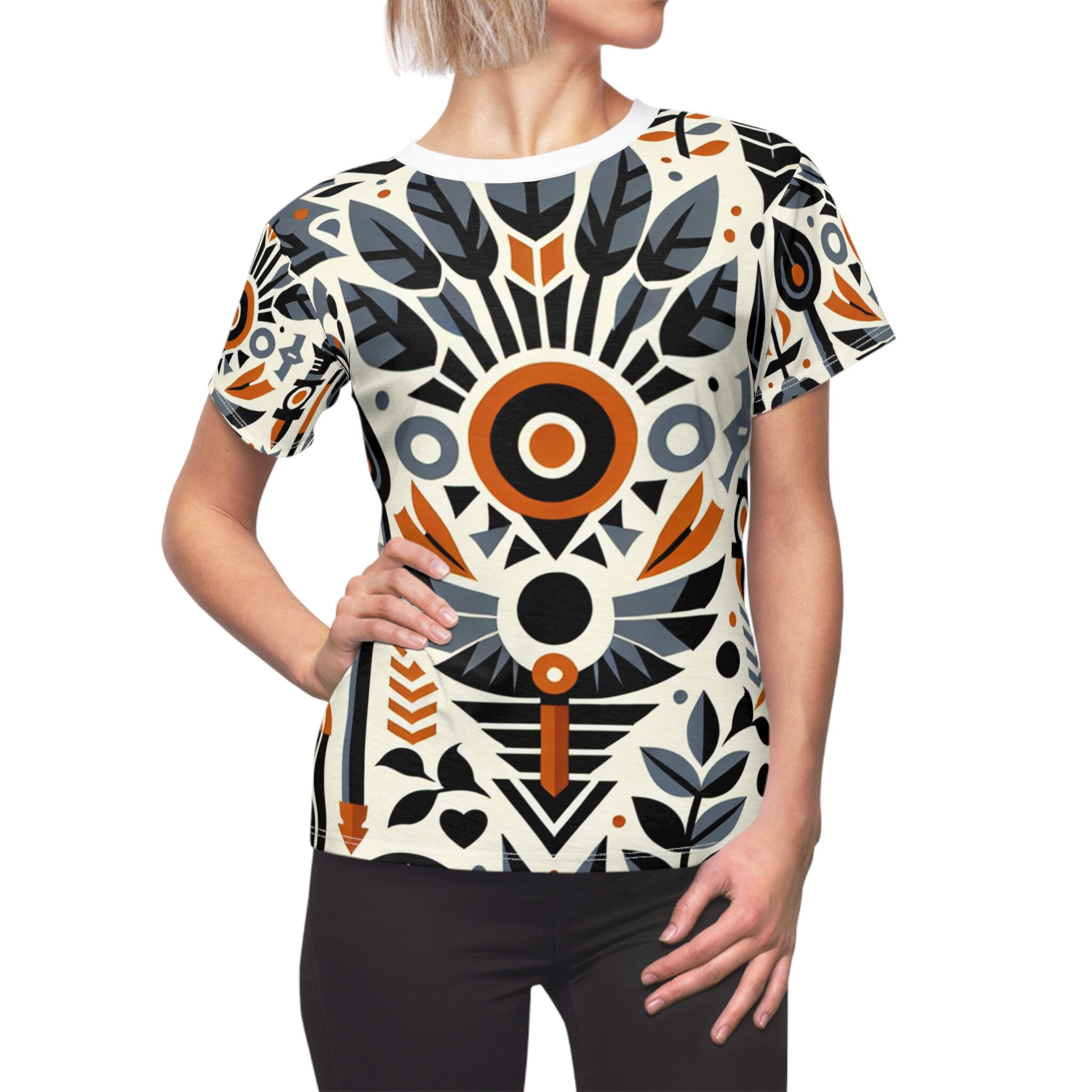 Modern African Graphic Tee, Women's Monochrome & Orange Cultural ...