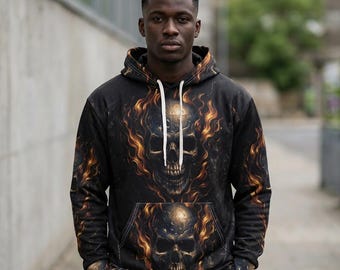 Obsidian Inferno Skull Hoodie: Luxury Black Gold Flame Streetwear, Gothic Patriotic Edge, Dark Aesthetic Pullover