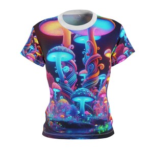 Enchanted Forest T-Shirt: Women&#39;s Neon Psychedelic Mushroom Apparel