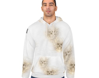 Ivoren helse schedel hoodie: witgouden vlammende schedel, patriottische grafische hoodie, luxe streetwear, gotische esthetische trui