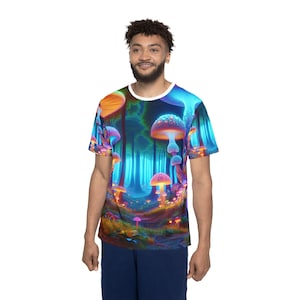 Camiseta de bosque psicodélico encantado en 3D / Camiseta unisex con hongos neón hiperrealistas y naturaleza vívida / Moda de ensueño surrealista
