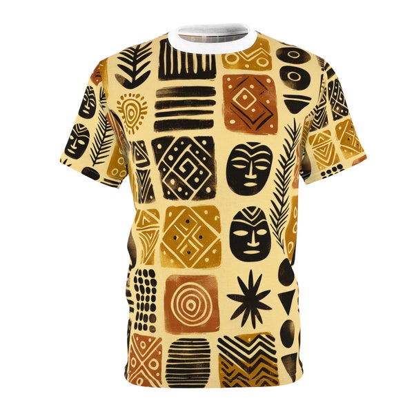 Handcrafted African Mud Cloth Inspired T-Shirt, Organic Tribal Motifs in Ochre, Black, Red - African Tribal Pattern-Inspired T-Shirt