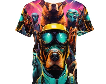 CyberPup Fusion: Cyberpunk Parade of Dominant Breeds T-Shirt - Bold Dog Art Shirt