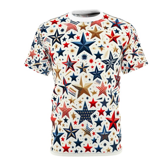Festive Patriotic Star Pattern Tee - Red, Blue & Gold - Perfect for 4th of July and National Celebrations - Patriotic Streetwear