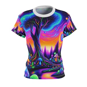 Blacklight Reactive Women&#39;s T-Shirt: Cosmic Forest, Neon Mushrooms