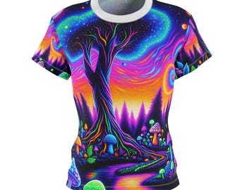 Blacklight Reactive Women&#39;s T-Shirt: Cosmic Forest, Neon Mushrooms