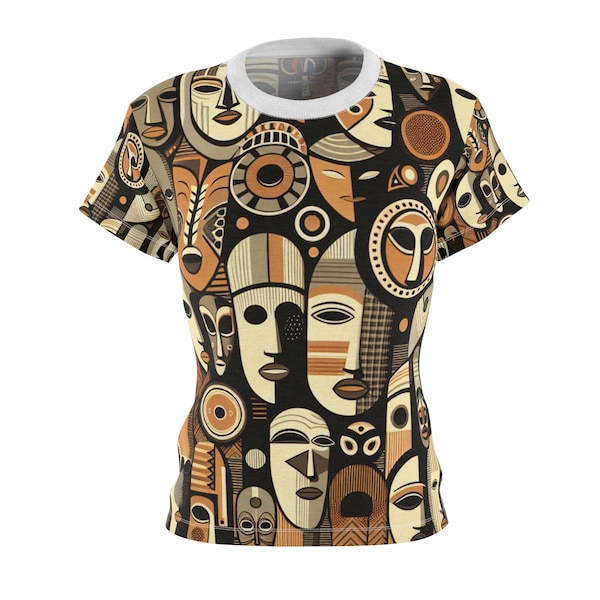 Elegant Women's Tee Featuring Monochromatic African Mask Tapestry - Contemporary Art Meets Tradition - African Tribal Pattern-Inspired