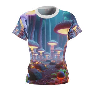 3D Photorealistic Women&#39;s T-shirt: Neon Mushroom Forest Trippy Tee