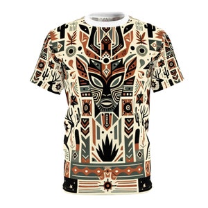 Symmetrical African Tribal & Southwestern Merged Totem Art T-shirt - African Tribal Pattern-Inspired Tee