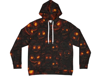 May include: Black hoodie featuring a repeating pattern of orange-eyed skulls with menacing grins. The design is set against a dark background. The hoodie includes a drawstring and a hood.