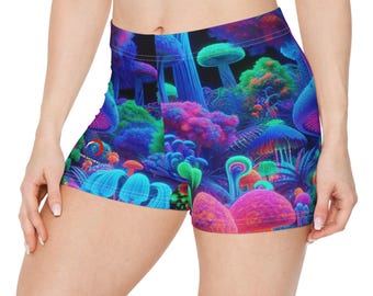 Psychedelic UV Blacklight Women&#39;s Shorts - Neon Forest Scene with Lifelike 3D Mushrooms & Vibrant Foliage - Women&#39;s Blacklight Apparel