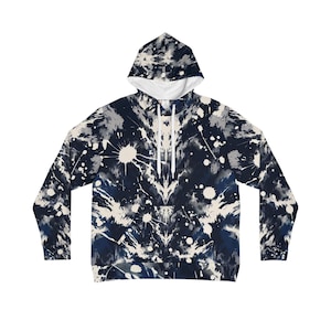 Abstract Expressionist Graffiti Art Hoodie - Bold White Brushstrokes & Blue Splatter Design - Dynamic Rorschach-Inspired Pattern