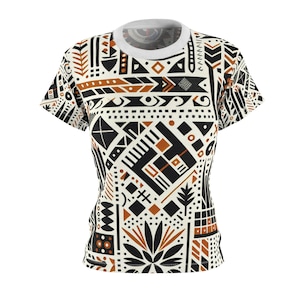 Modern African Essence Women&#39;s Tee - Monochrome with Orange Accents, Stylized Tribal Symbols Top - African Tribal Pattern-Inspired