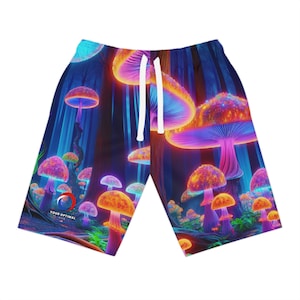 Neon Mushroom Forest Shorts: UV Blacklight Reactive Psychedelic Design