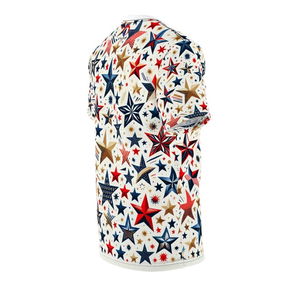 Festive Patriotic Star Pattern Tee - Red, Blue & Gold - Perfect for 4th of July and National Celebrations - Patriotic Streetwear