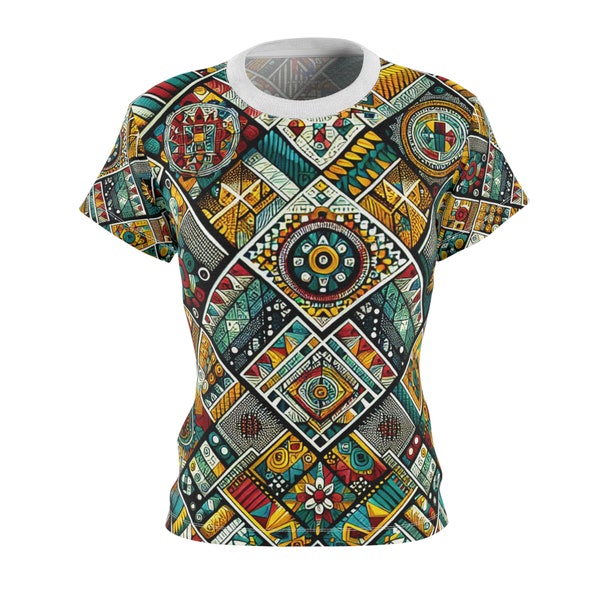 Vibrant African Textiles Inspired Women's T-Shirt, Bold Geometric Diamond Design, Rich Primary Colors - African Tribal Pattern-Inspired