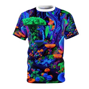 May include: A short-sleeved t-shirt with a colourful, psychedelic forest design. The print showcases neon green, orange, blue, and purple mushrooms, plants, and trees against a dark backdrop. The shirt has a white collar and is made of a soft material.