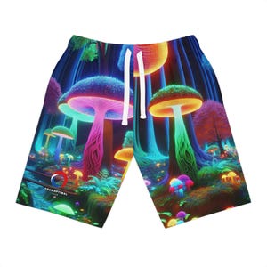Trippy Forest Shorts: Neon Mushroom Blacklight Reactive Art