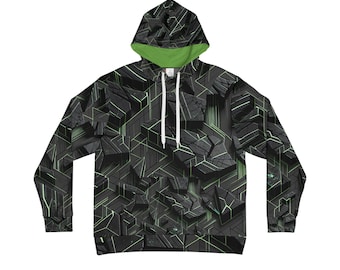 May include: A black and green zip-up hoodie with a geometric pattern.
