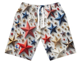 Patriotic Star-Patterned Shorts: Red, Blue & Gold Festive Streetwear