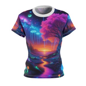 Women&#39;s Glow-in-the-Dark Cosmic Forest T-shirt - Blacklight-Ready Fantasy Sky & Luminous Magic Mushrooms Shirt - Women&#39;s Blacklight Tee
