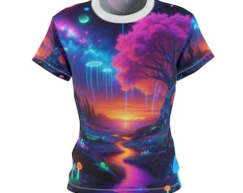 Women&#39;s Glow-in-the-Dark Cosmic Forest T-shirt - Blacklight-Ready Fantasy Sky & Luminous Magic Mushrooms Shirt - Women&#39;s Blacklight Tee