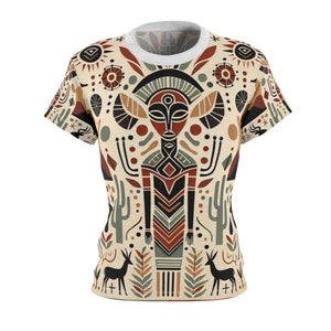 Southwestern African Tribal Fusion Women&#39;s T-Shirt, Earthen Totem, Geometric Fauna & Flora - African Tribal Pattern-Inspired