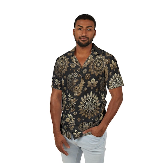 Men's Black Gold Camp Shirt - Gleaming Indian Floral & Geometric Motifs,  Seamless Ethnic Pattern Button-down - Etsy Israel