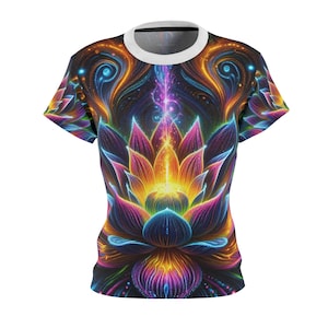 May include: A women's t-shirt with a colorful, psychedelic lotus flower design. The flower is surrounded by swirling patterns in shades of orange, yellow, blue, and purple.