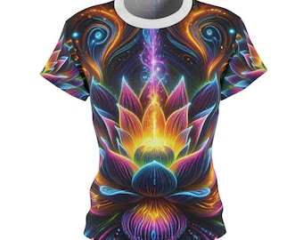 Intense UV Reactive Alien Lotus Tee: Cosmic Neon Glow, Radiating Bioluminescent Energy, Surreal Scenic Shirt - Women&#39;s Blacklight Tee