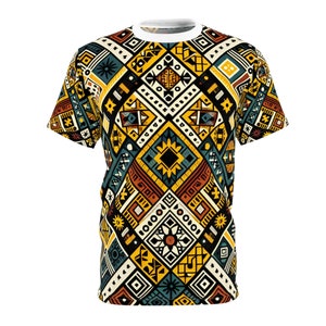 African Radiance: Tribal Diamond Geometric Vibrant Colorful Patterned T-Shirt - African Tribal Pattern-Inspired Tee