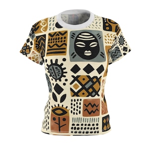 Handcrafted African Mud Cloth Inspired Women&#39;s T-Shirt, Modern Tribal Stamped Motifs in Earthy Tones - African Tribal Pattern-Inspired