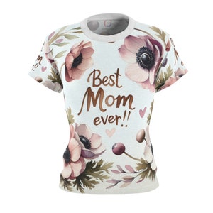 Handmålad blommig krans-t-shirt med "Bästa mamma någonsin", varm tillgiven design, rosa lavendel akvarell anemoner - Present till henne