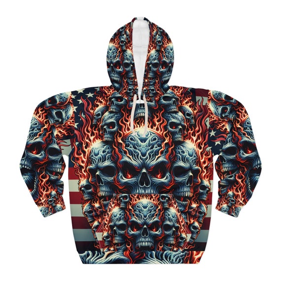 Inferno Patriot: Skull Euphoria Tattoo-style Hoodie - Patriotic 