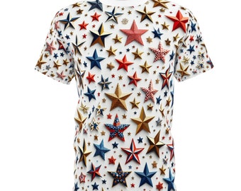 Festive Patriotic Star Pattern Tee - Red, Blue & Gold - Perfect for 4th of July and National Celebrations - Patriotic Streetwear