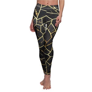 Fractured Mosaic Festival Leggings: Black & Gold Blacklight Reactive Yoga Pants