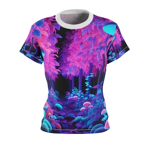 UV Blacklight Neon Enchanted Forest T-Shirt - Hyper-realistic Fluorescent Mushrooms & Foliage - Women&#39;s Blacklight Tee