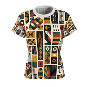 Pan-African Inspired Womens Tee: Bold Geometric Unity Top with Kente and Adinkra Symbols in Vibrant Tribal Colors